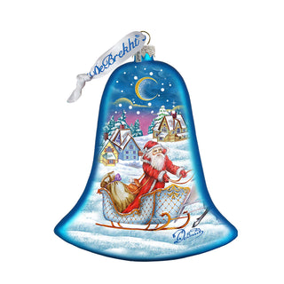 Santa Sleigh Bell Glass Ornament by G. DeBrekht - Christmas Santa Snowman Decor - 73341