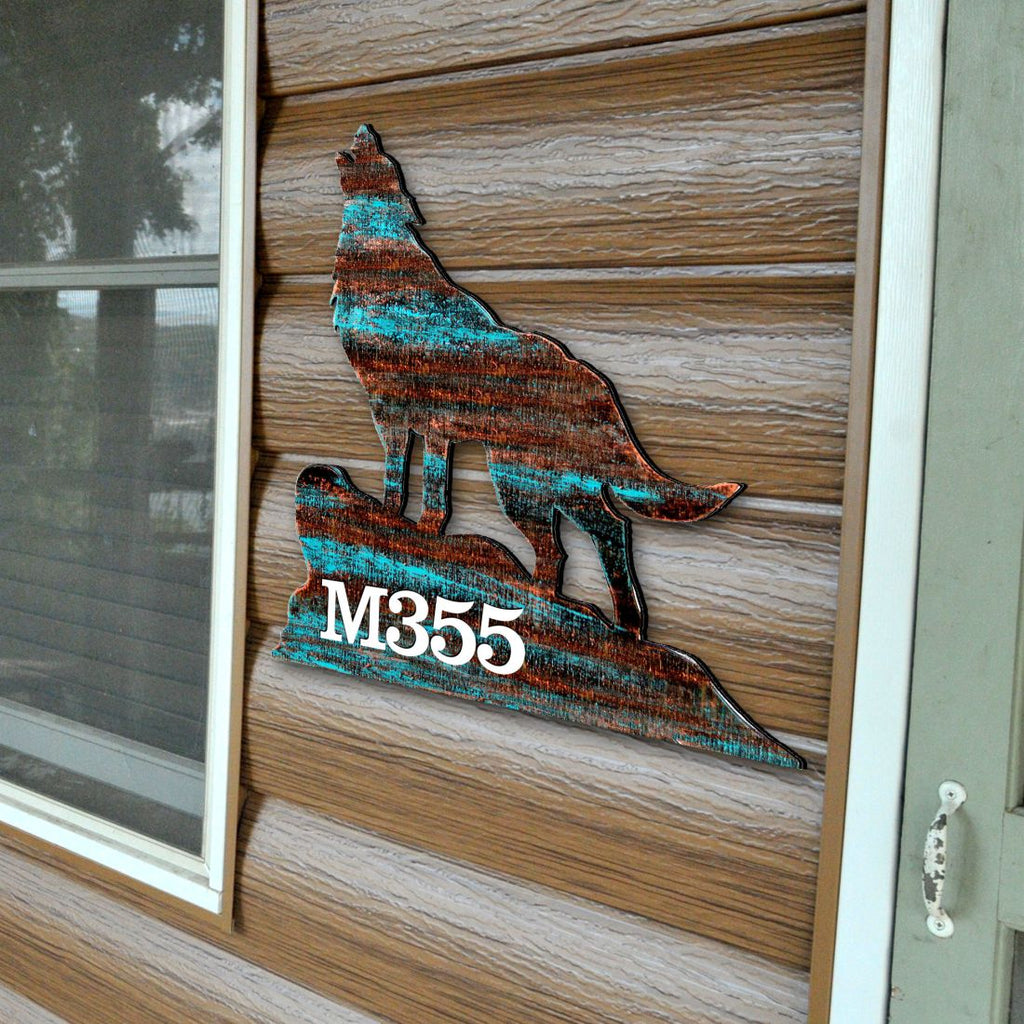 Wolf Log Cabin Wooden Personalized House Number Sign by G. Debrekht - Nature Wildlife Decor - Handcrafted Wooden Handcrafted Wooden Handcrafted Wooden Handcrafted Wooden Address Sign - MA98227