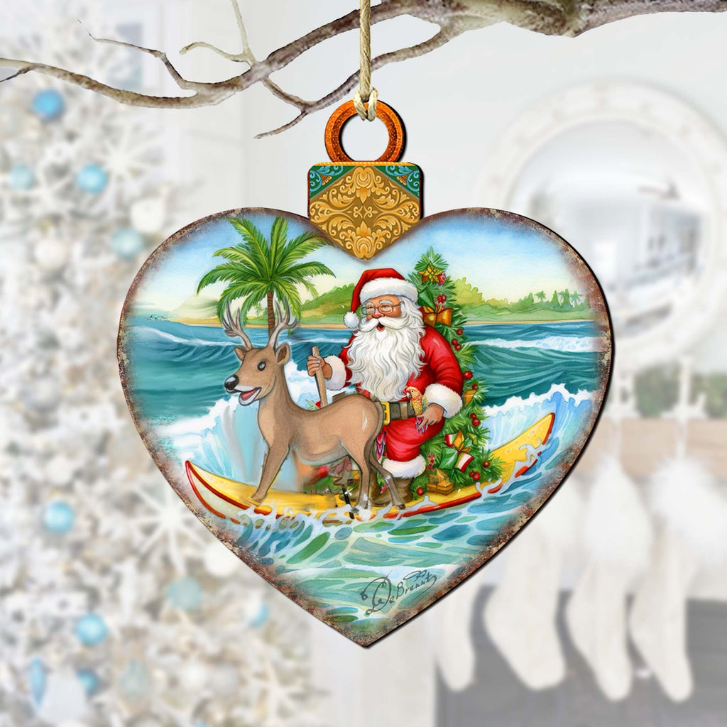 Wooden Christmas Ornaments - Surfing Santa Heart Wooden Ornaments by G.Debrekht - Coastal Holiday Decor - 8688174