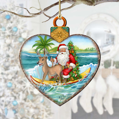 Wooden Christmas Ornaments - Surfing Santa Heart Wooden Ornaments by G.Debrekht - Coastal Holiday Decor - 8688174