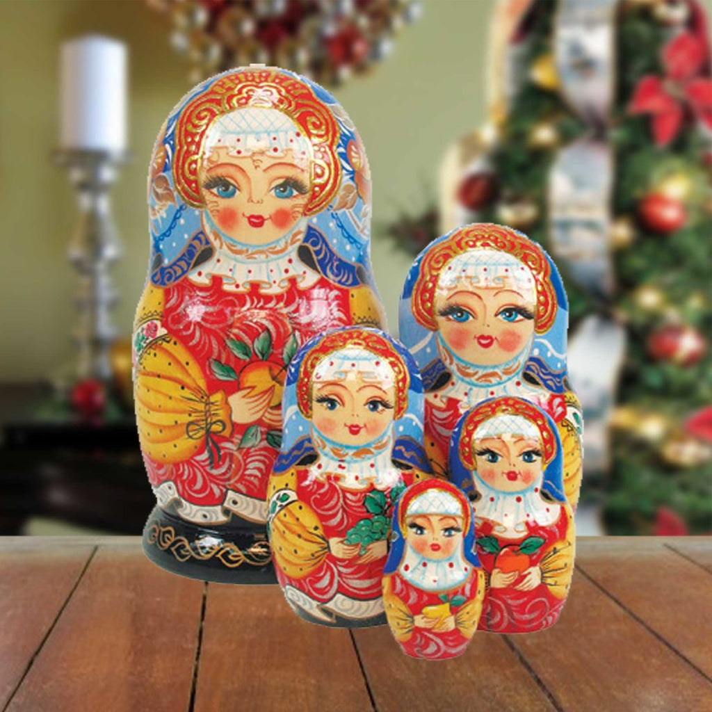 Apple Girl Matreshka Stacking Hand-Painted Dolls Set of 5 by G. DeBrekht - Christmas Decor - 1300934
