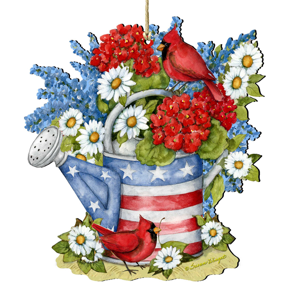 Patriotic Decoration American Watering Can - Flowerpot Ornament - Handmade Gift Rustic Adornment - Wooden Ornament by Susan Winget - 8471212-SW