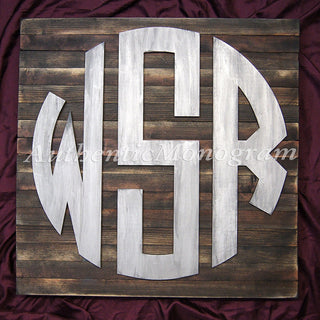 Personalized gifts 3 letter Monogram Circle Script mounted on Distressed wooden Board Home Decor Wedding Baby gift 5116P