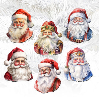 Jolly Santa Faces Clip-On Eco Wood Decorative Ornaments Set of 6 by G. Debrekht - Christmas Decor - 8090045C-S6