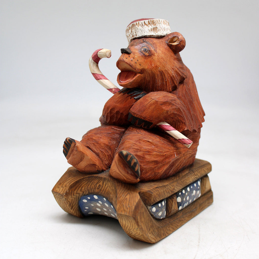 One-of-a-Kind Bear with Candy Cane WOODCARVED Figurine 6x4.5x3.5