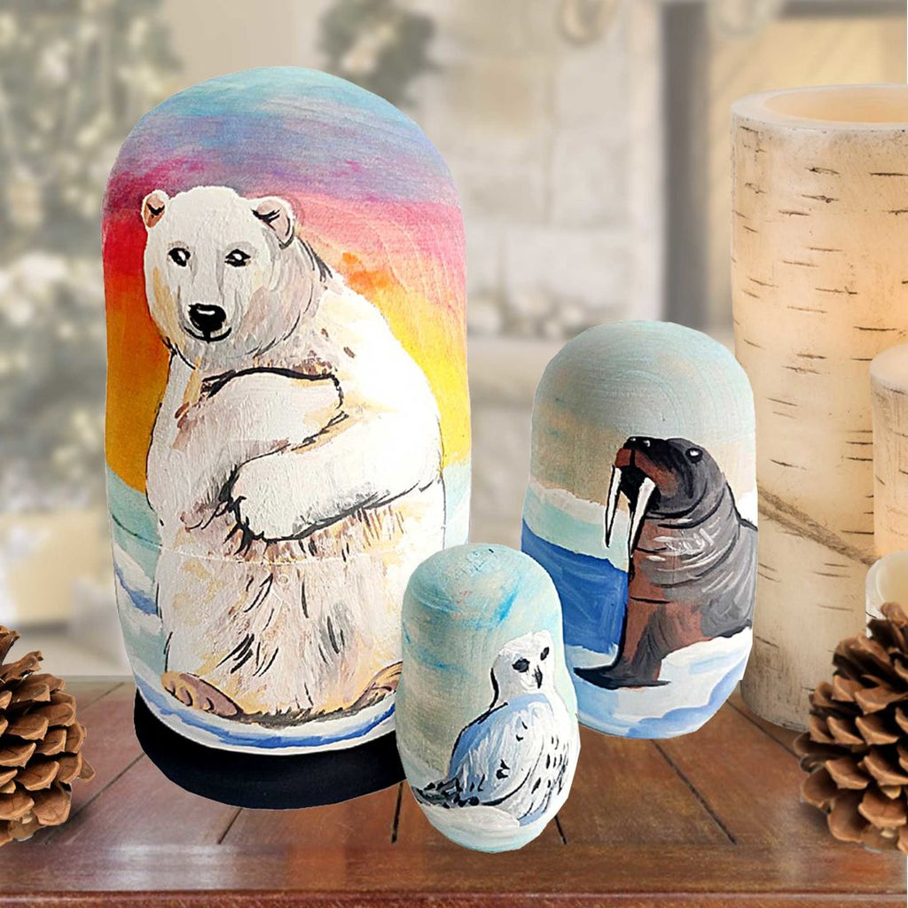 Polar Bear Matreshka Nesting Hand-Painted Doll Set of 3 by G. DeBrekht - Wildlife Holiday Decor - 14769
