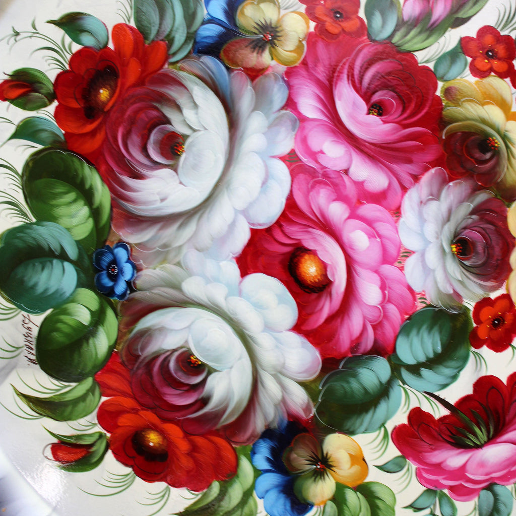 Authentic Zhostovo Hand-Painted Metal Tray - 17x17 - Floral Kitchenware and Gift A One-of-a-Kind Work of Art by G. Debrekht - Functional Kitchenware and Table Decor - Unique Wall Decor