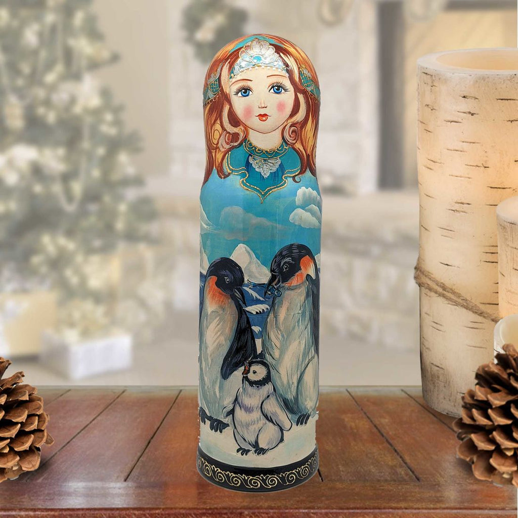 Penguins Hand-Painted Wooden Bottle Holder, Wine Box, Tall Gift Box by G. DeBrekht - Coastal Holiday Decor - 190812