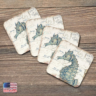 Seahorse Coastal Wooden Cork Coasters Gift Set of 4 by Nature Wonders - Coastal Sea-Life Decor - 8198621C-S4