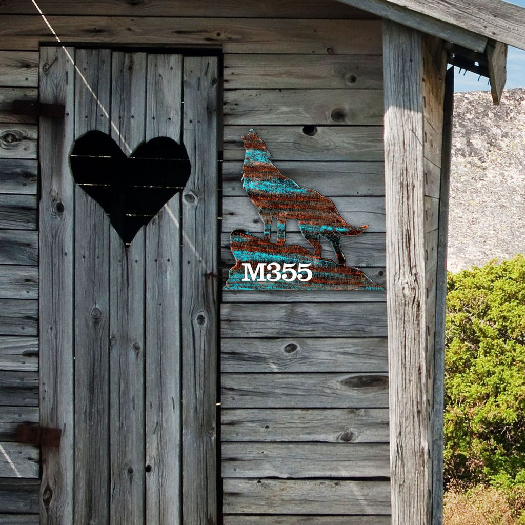 Wolf Log Cabin Wooden Personalized House Number Sign by G. Debrekht - Nature Wildlife Decor - Handcrafted Wooden Handcrafted Wooden Handcrafted Wooden Handcrafted Wooden Address Sign - MA98227