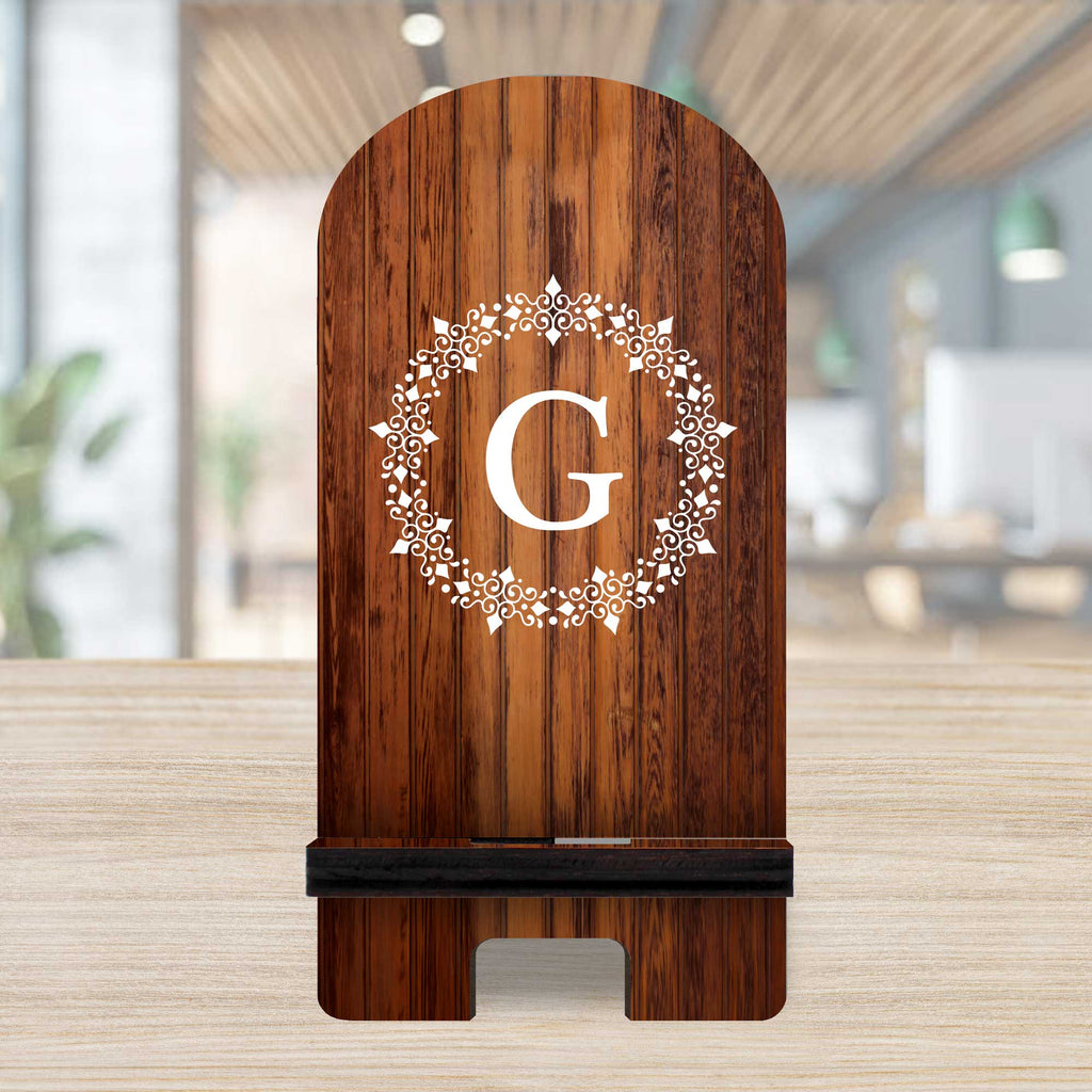 Personalized Cell Phone Stand Circle Boarder Letter Monogram Phone Stand Wood Stand Mobile Tablet Holder Charging Station Organizer - 892013P