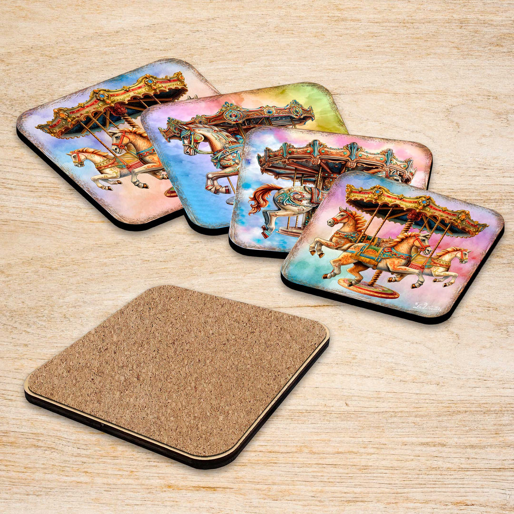 Carousel Horses Wooden Cork Coasters Gift Set of 4 by G. Debrekht - Christmas Decor - 8199439C-S4