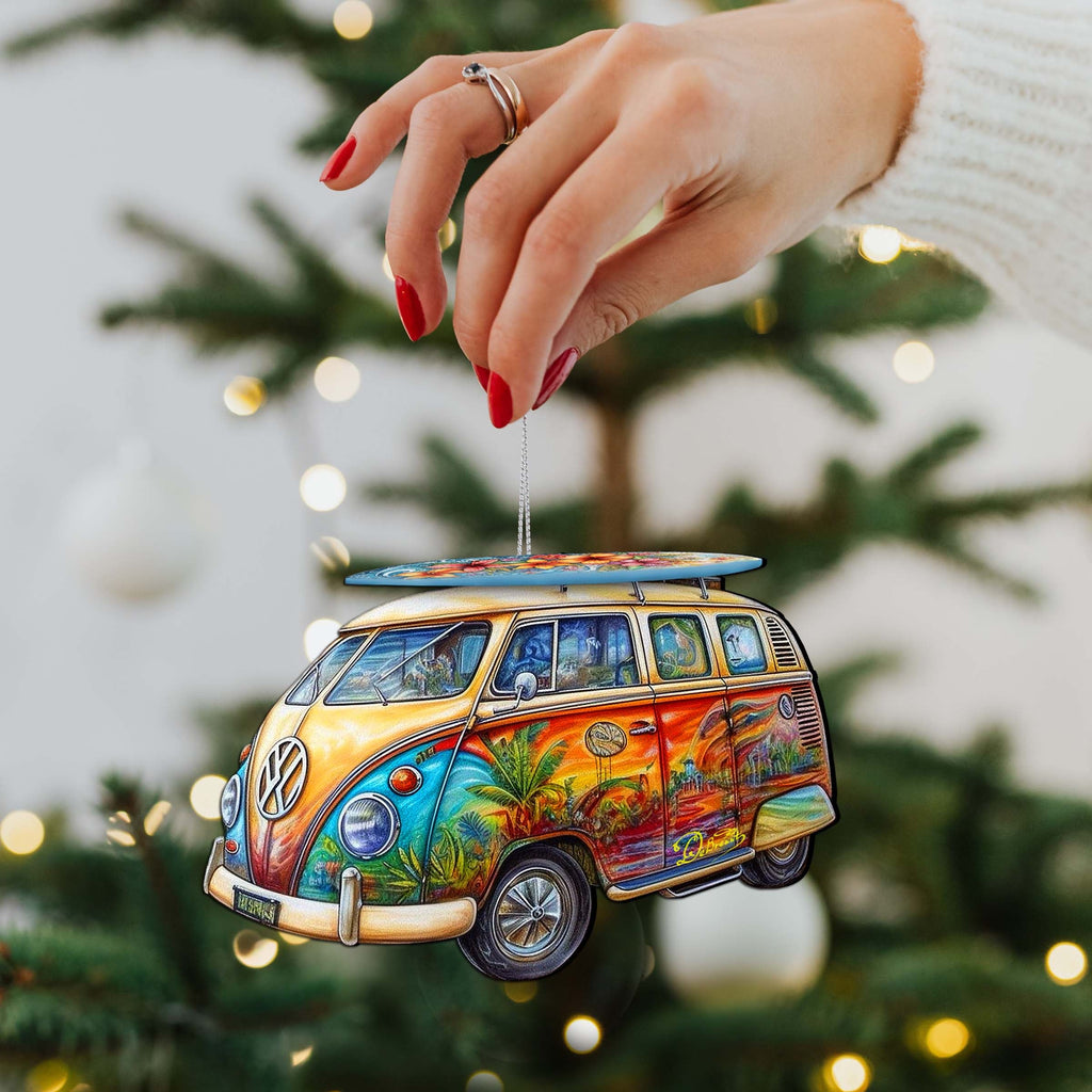 Beach Themed Ornaments - Hippie Van Wooden Ornaments by G.Debrekht Coastal Holiday Decor - 8688203