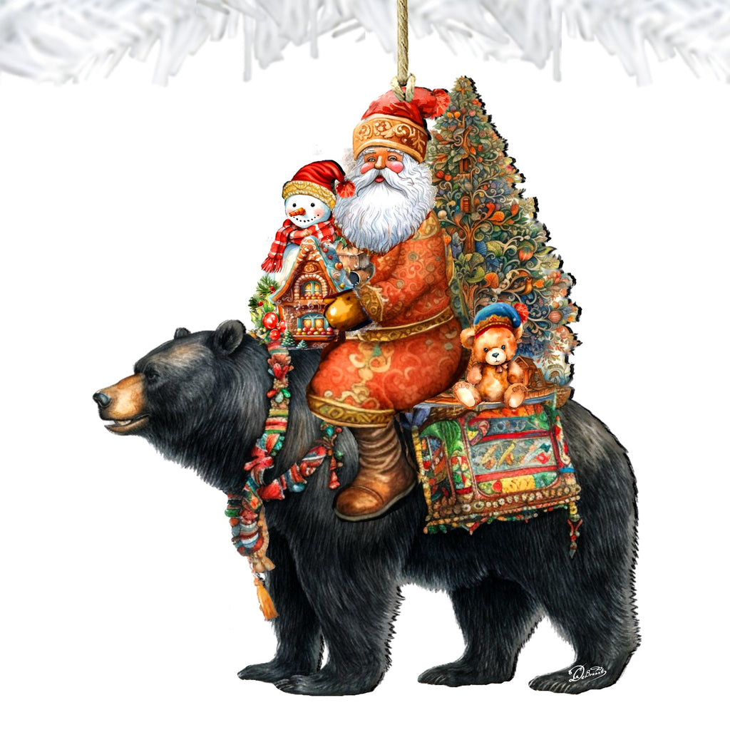 Santa on Black Bear Wooden Ornaments Christmas Santa Snowman Decor - 8611064