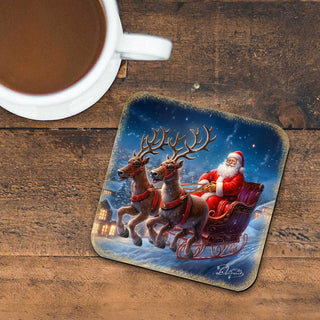 Santa's Sleigh Wooden Cork Coasters Gift Set of 4 by G. Debrekht - Santa Christmas Decor - 8199445C-S4