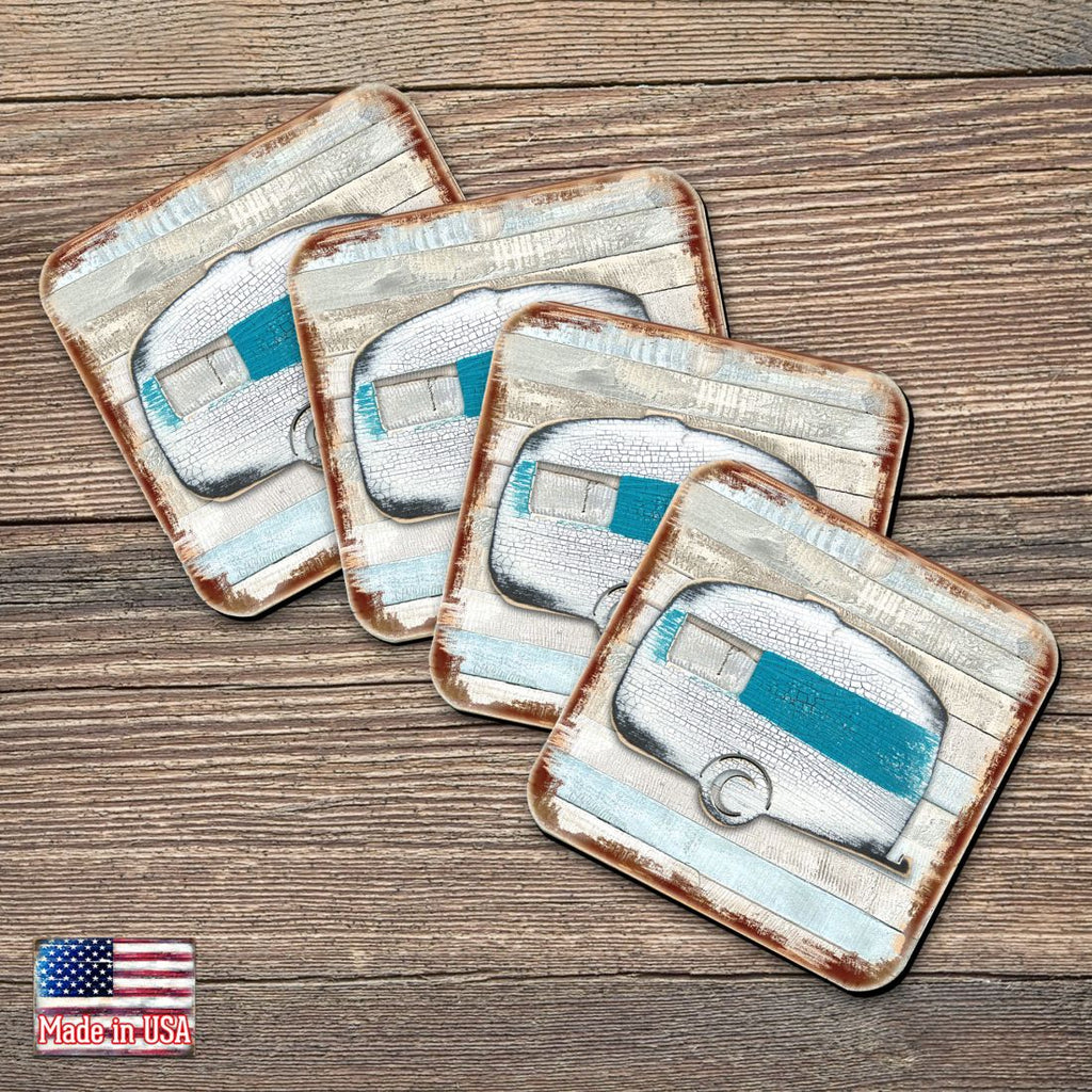 Woodsy Camper Wooden Cork Coasters Gift Set of 4 by Nature Wonders - Nature Wildlife Decor - 8198431-9C-S4