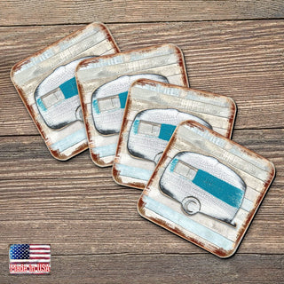 Woodsy Camper Wooden Cork Coasters Gift Set of 4 by Nature Wonders - Nature Wildlife Decor - 8198431-9C-S4