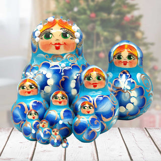 Flower in Blue Matreshka Nesting Hand-Painted Doll Set of 10 by G. DeBrekht - Christmas Decor - 141151B