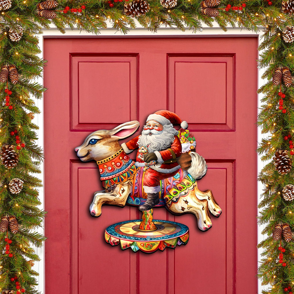 Santa Claus on Bunny Carousel Holiday Door Decor by G. Debrekht - Christmas Santa Snowman Decor - 8611067H