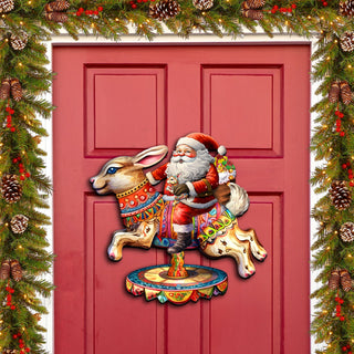 Santa Claus on Bunny Carousel Holiday Door Decor by G. Debrekht - Christmas Santa Snowman Decor - 8611067H