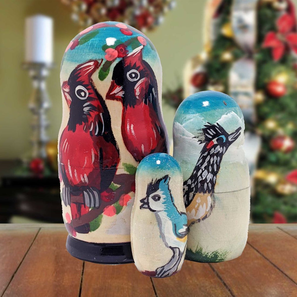 Cardinal Matreshka Nesting Hand-Painted Doll Set of 3 by G. DeBrekht - Wildlife Holiday Decor - 14761