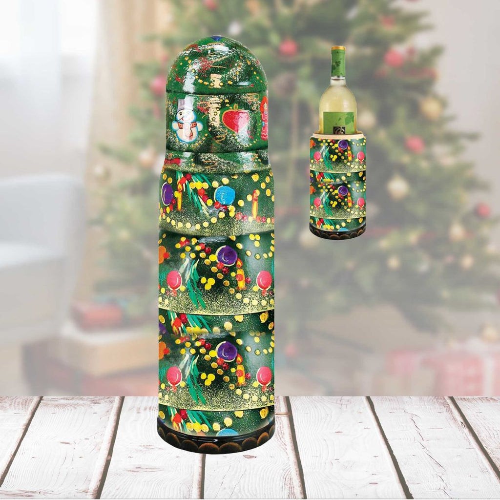 Christmas Tree Hand-Painted Wooden Bottle Holder, Wine Box, Tall Gift Box by G. DeBrekht - Christmas Decor - 190509