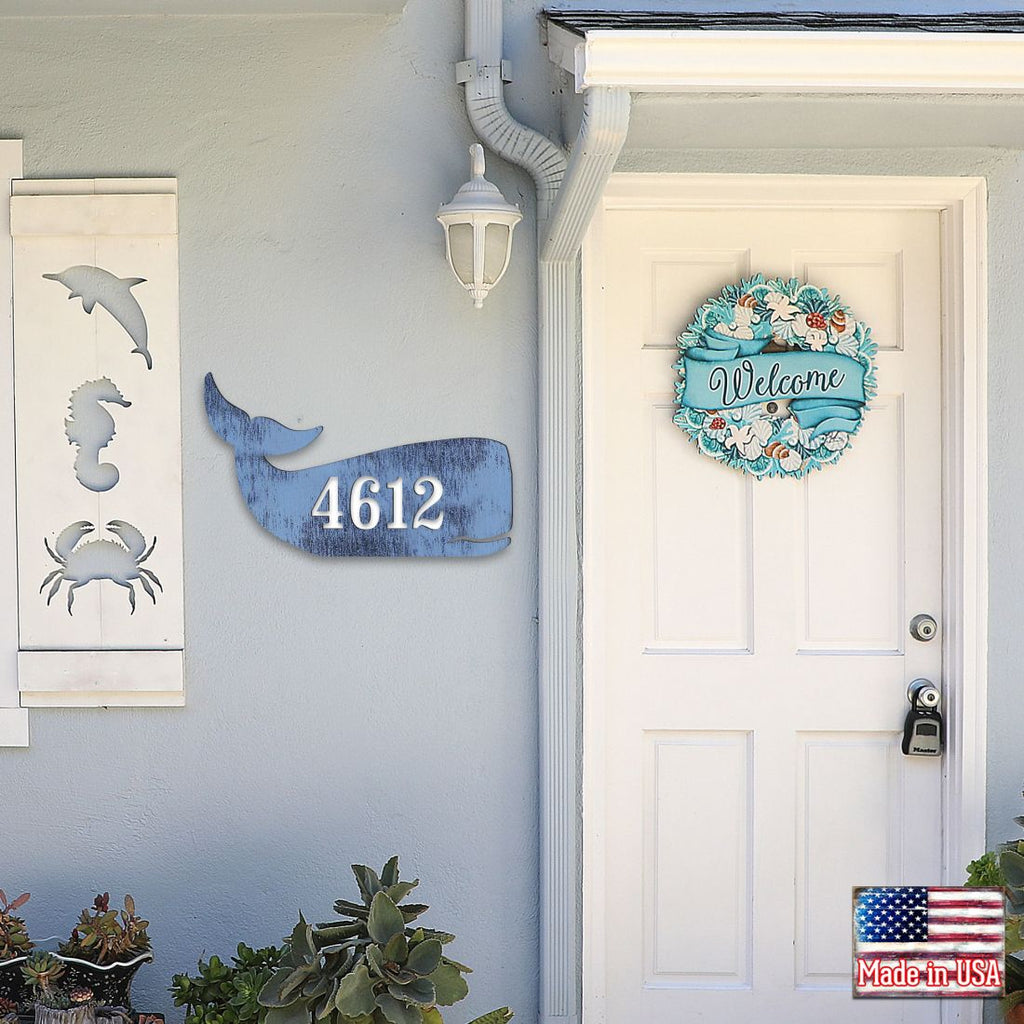 Whale Coastal Wooden Personalized House Number Sign by G. Debrekht - Coastal Sea-Life Decor - Handcrafted Wooden Handcrafted Wooden Handcrafted Wooden Handcrafted Wooden Address Sign - MA985162