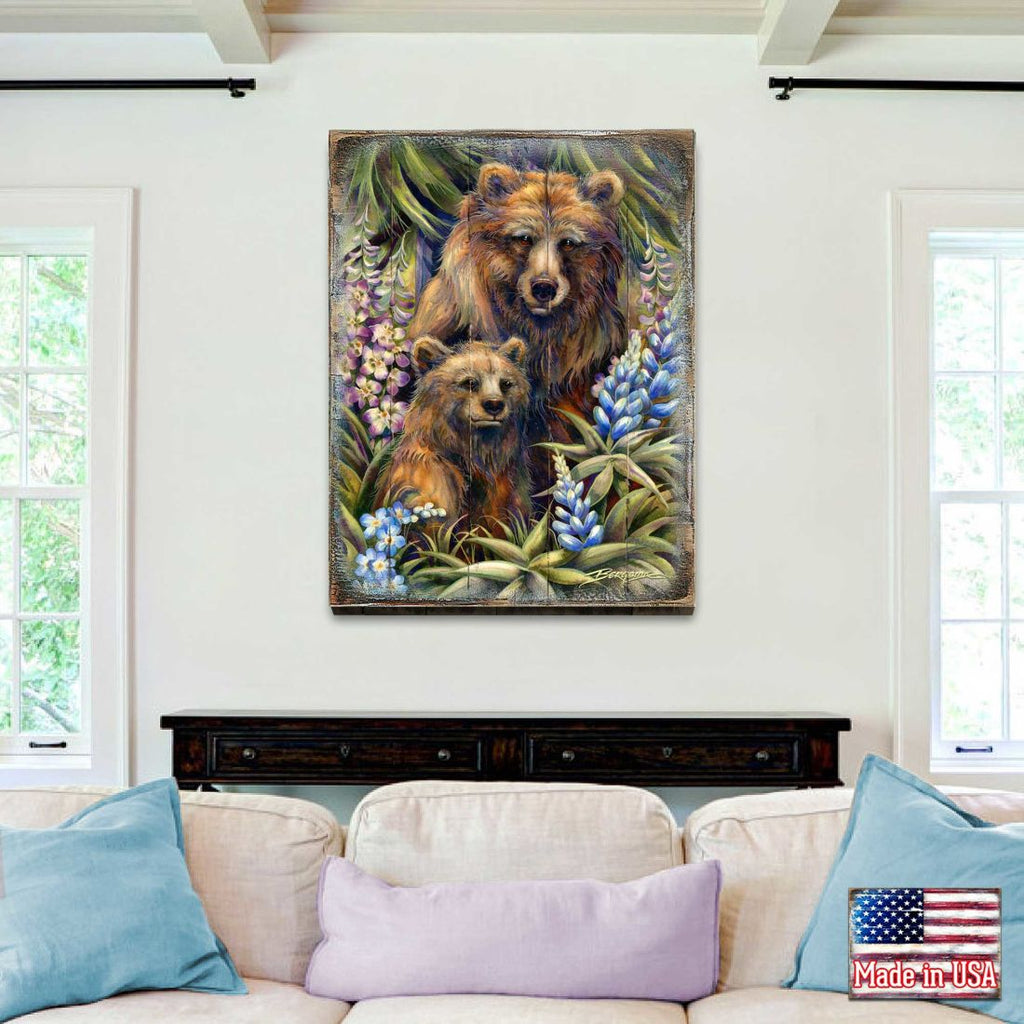 Grin & Bear it Grizzly Mother & Cub Wooden Wall Art by J. Bergsma - Nature Wildlife Decor - 8592947BP-JB