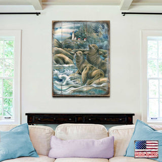 Lions of the Sea Lighthouse Caves Wooden Wall Art by J. Bergsma - Nature Wildlife Decor - 8592883BP-JB