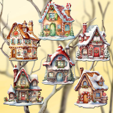 Christmas Houses Clip-On Eco Wood Decorative Ornaments Set of 6 by G. Debrekht - Christmas Decor - 8090024C-S6