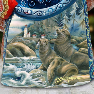 Lions of the Sea Lighthouse Caves Hand-Painted WOODCARVED Figurine by J. Bergsma - Wildlife Holiday Decor - 2422883-JB *** PRE-ORDER - Handmade Just for You! ***