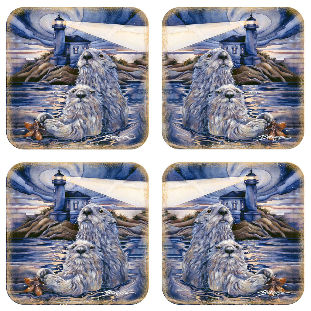Starlight Otters Wooden Cork Coasters Gift Set of 4 by J. Bergsma - Wildlife Decor - 8199473C-S4