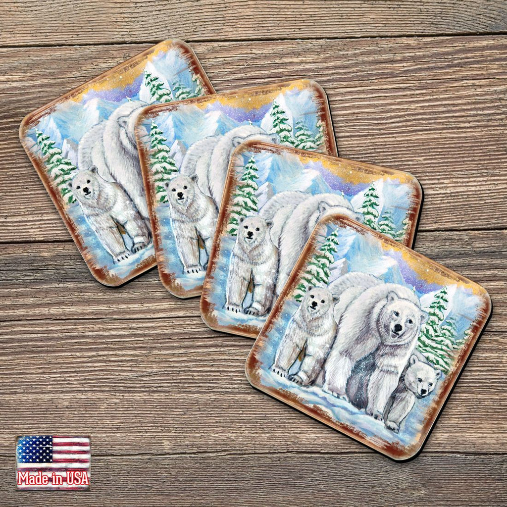 Polar Bear Family Wooden Cork Coasters Gift Set of 4 by Nature Wonders - Nature Wildlife Decor - 95215C-S4