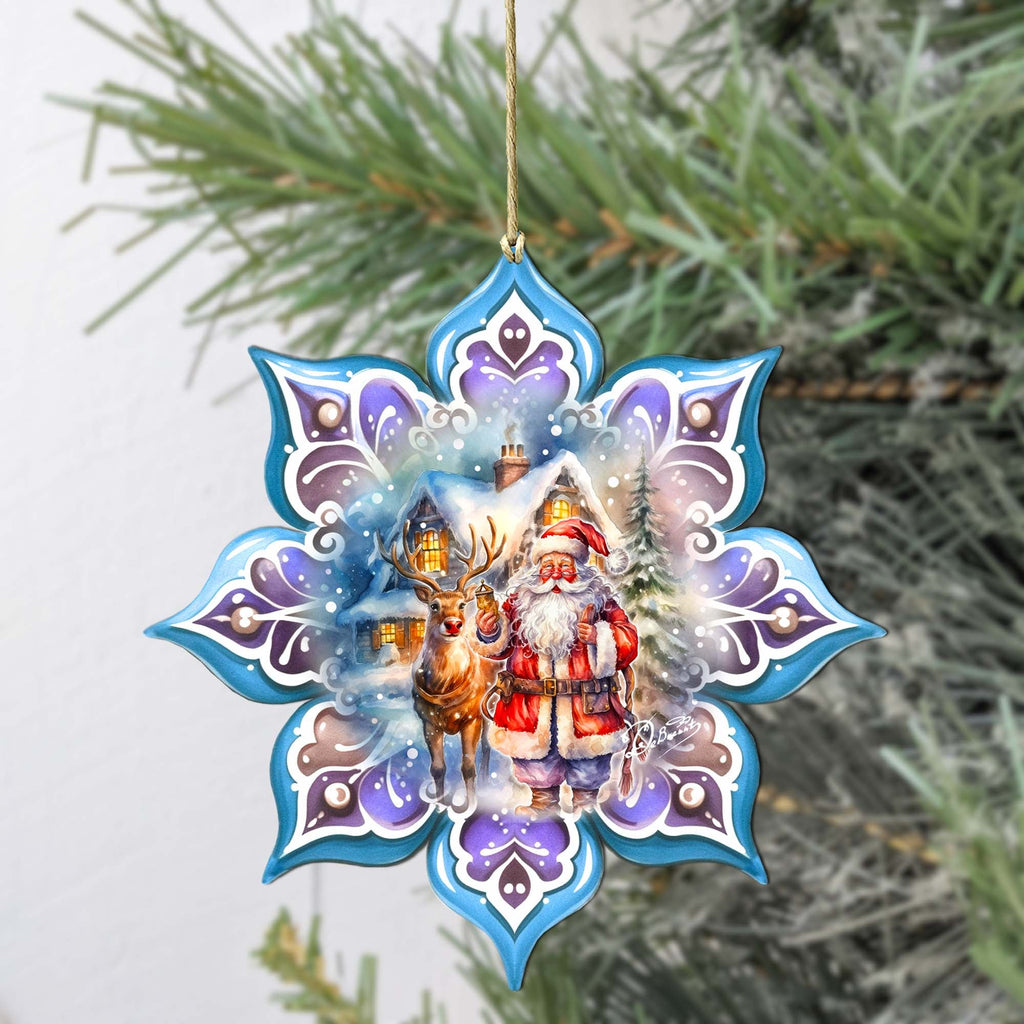 Santa with Reindeer Snowflake Large Wooden Ornament by G. Debrekht - Christmas Santa Snowman Decor - 8688405M