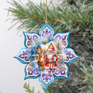 Santa with Reindeer Snowflake Large Wooden Ornament by G. Debrekht - Christmas Santa Snowman Decor - 8688405M