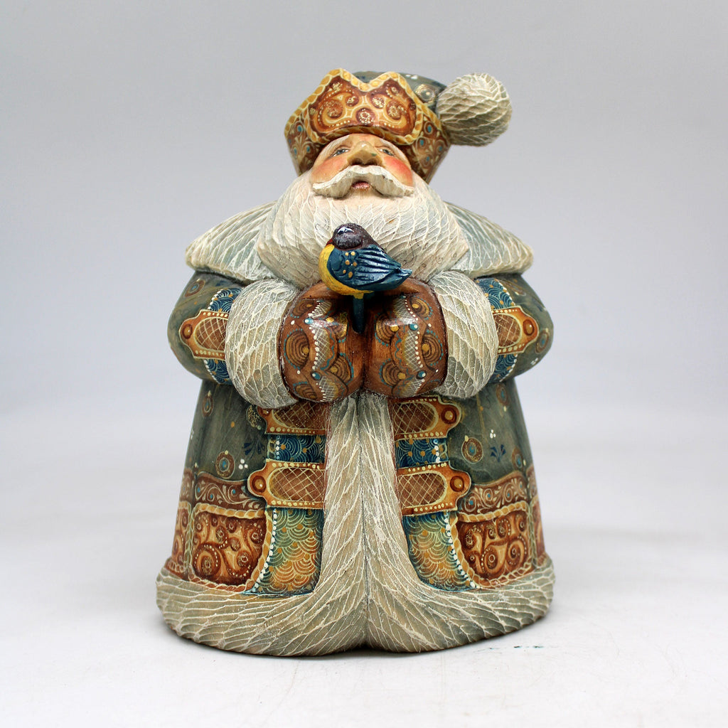 One-of-a-Kind Santa with Bird WOODCARVED Figurine 65x4x5 Inches by G. Debrekht - - Unique Hand-carved and Hand-Painted Collectible