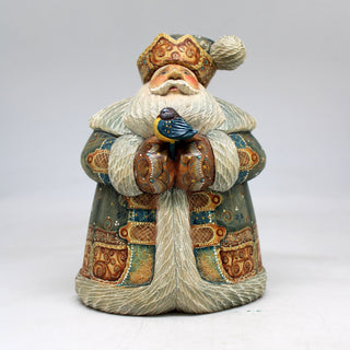 One-of-a-Kind Santa with Bird WOODCARVED Figurine 65x4x5 Inches by G. Debrekht - - Unique Hand-carved and Hand-Painted Collectible