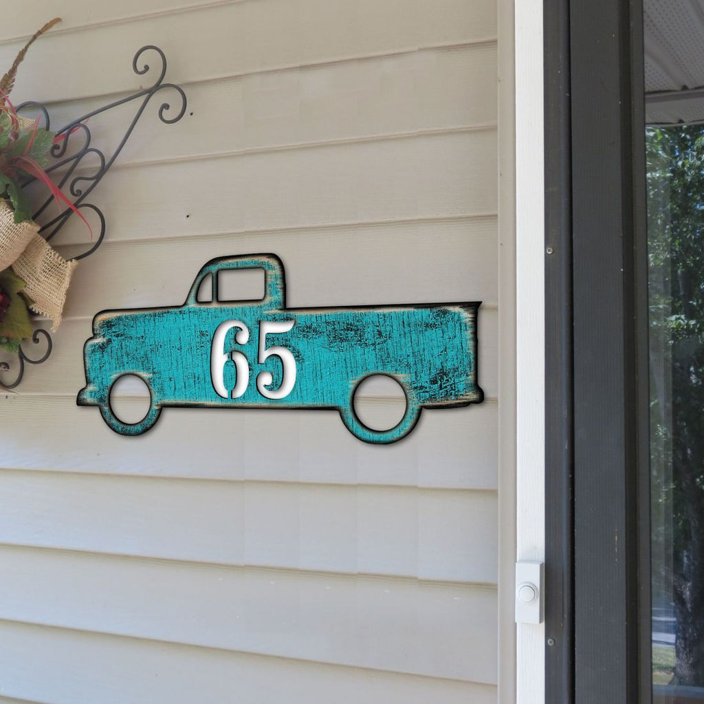 Pick Up Truck Wooden Personalized House Number Sign - Love Family Kids Decor - Handcrafted Wooden Handcrafted Wooden Address Sign - MA98542