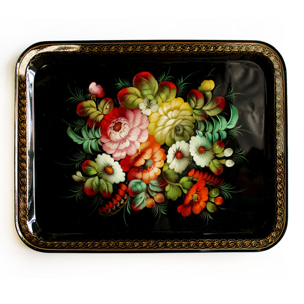 Authentic Zhostovo Floral Hand-Painted Black Metal Tray 18x14 - Kitchenware Gift One-of-a-Kind Work of Art by G. Debrekht Functional Kitchenware Table and Unique Wall Decor