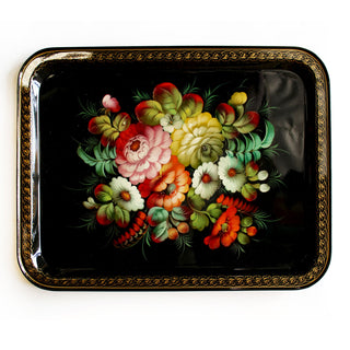 Authentic Zhostovo Floral Hand-Painted Black Metal Tray 18x14 - Kitchenware Gift One-of-a-Kind Work of Art by G. Debrekht Functional Kitchenware Table and Unique Wall Decor