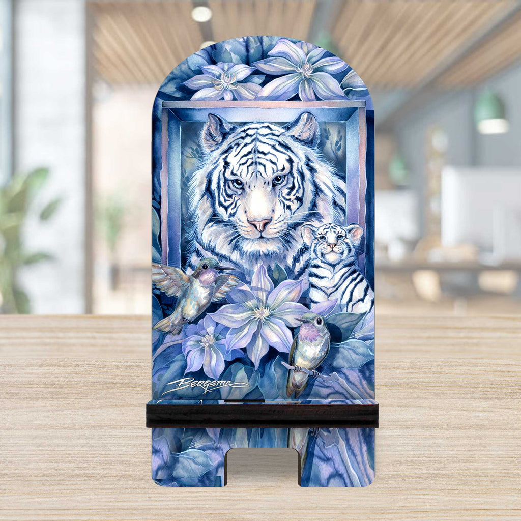 Tiger in the Garden Cell Phone Stand Wildlife Decor Wood Mobile Tablet Holder Charging Station Organizer - 892096-JB