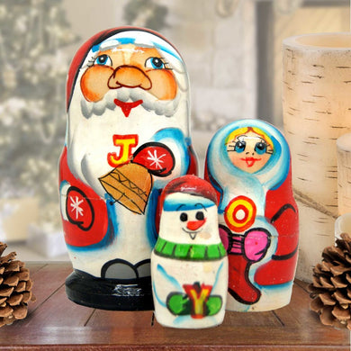Joy Santa Family Matreshka Nesting Hand-Painted Dolls Set of 3 by G. DeBrekht - Christmas Santa Snowman Decor - 110153