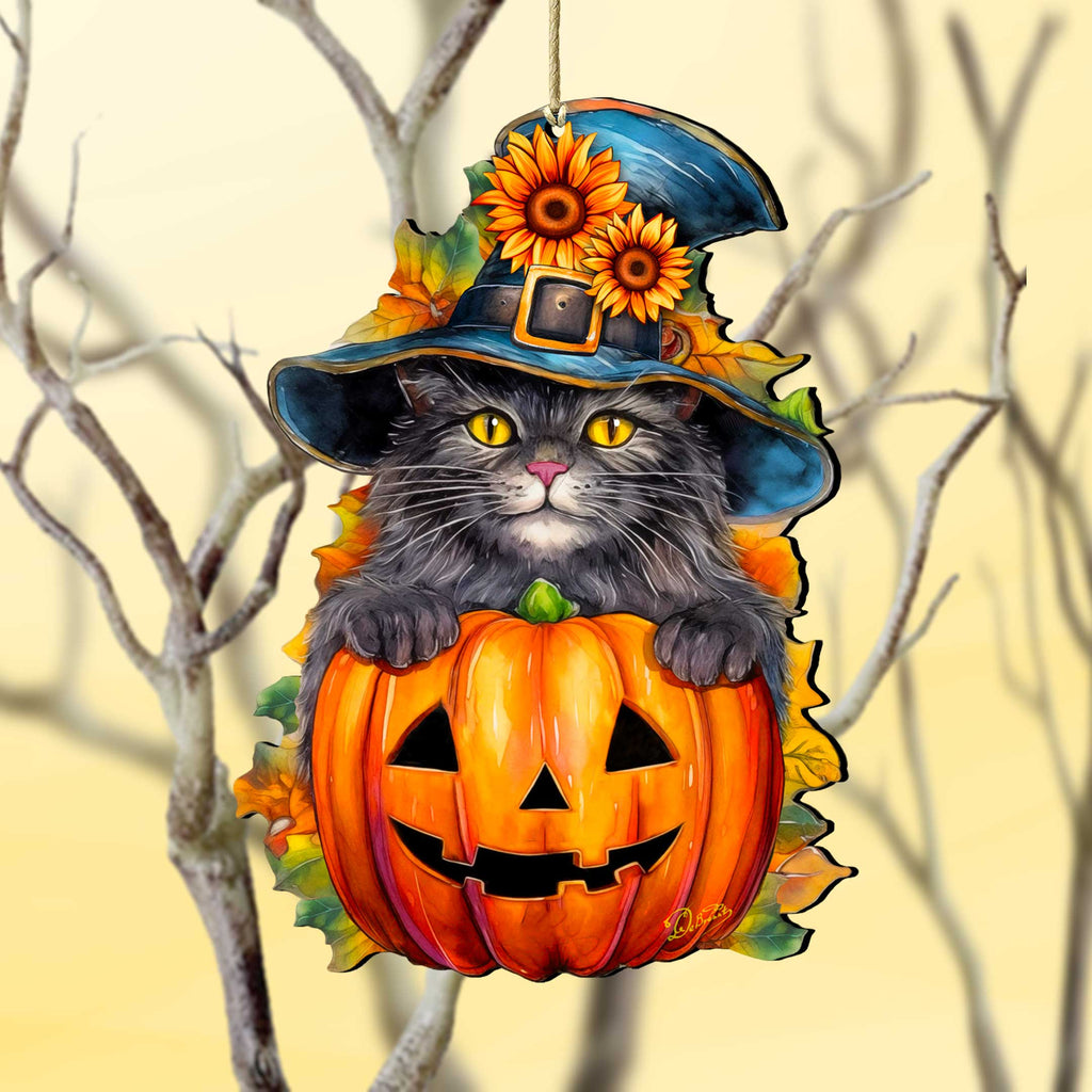 Black Cat Pumpkin Wooden Ornaments by G. Debrekht Halloween Decor - 8652794