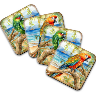 A set of four coasters featuring colorful parrots perched on branches against a tropical beach backdrop.