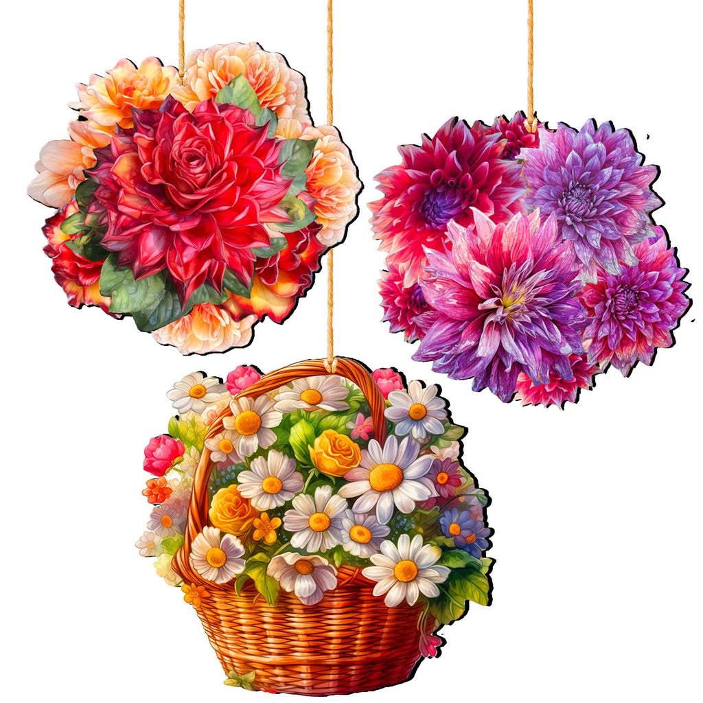 Flower Bouquets Decorative Eco Wood Ornaments Set of 3 by G. Debrekht - Love Family Decor - 8091076-2-S3