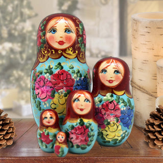 Red Scarf Floral Matreshka Nesting Hand-Painted Dolls Set of 5 by G. DeBrekht - Christmas Decor - 140140-6