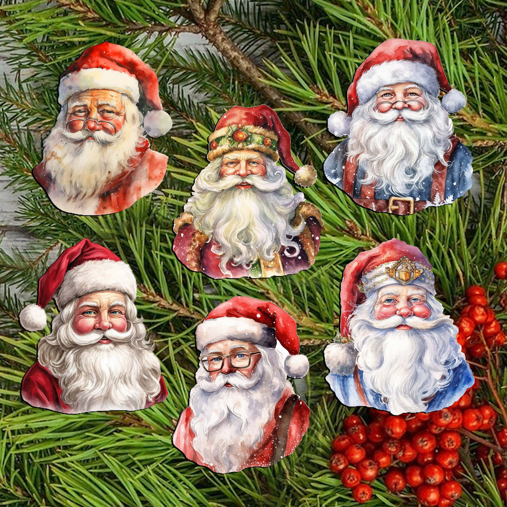 Jolly Santa Faces Clip-On Eco Wood Decorative Ornaments Set of 6 by G. Debrekht - Christmas Decor - 8090045C-S6