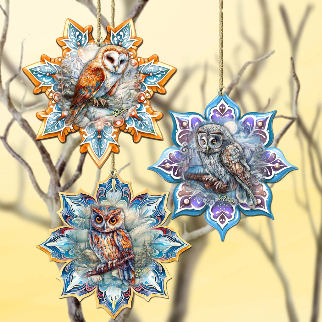 Owls Snowflake Eco Wood Ornaments Set of 3 by G. Debrekht - Nature Wildlife Decor - 8090152-S3