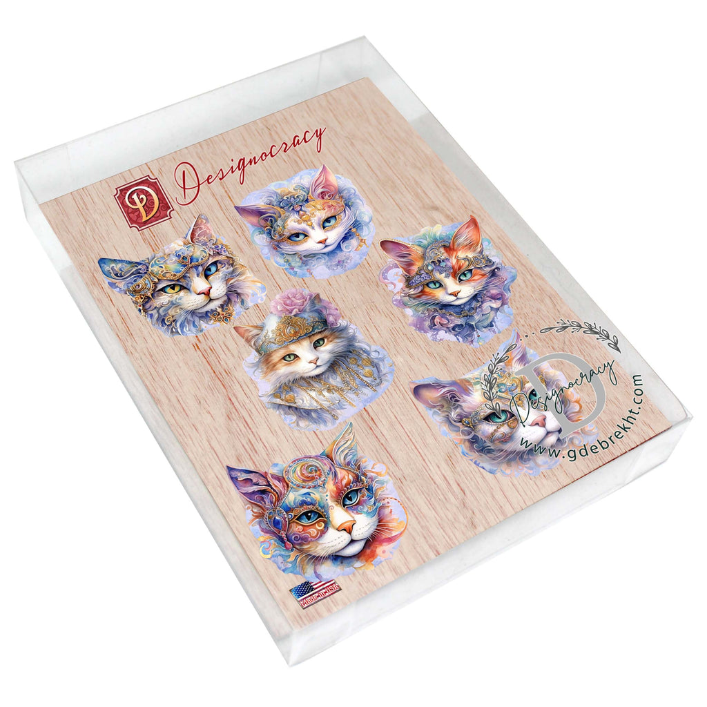 Cats Masks Decorative Eco Wood Magnets Set of 6 by G. Debrekht - Christmas Decor - 8090033G-S6