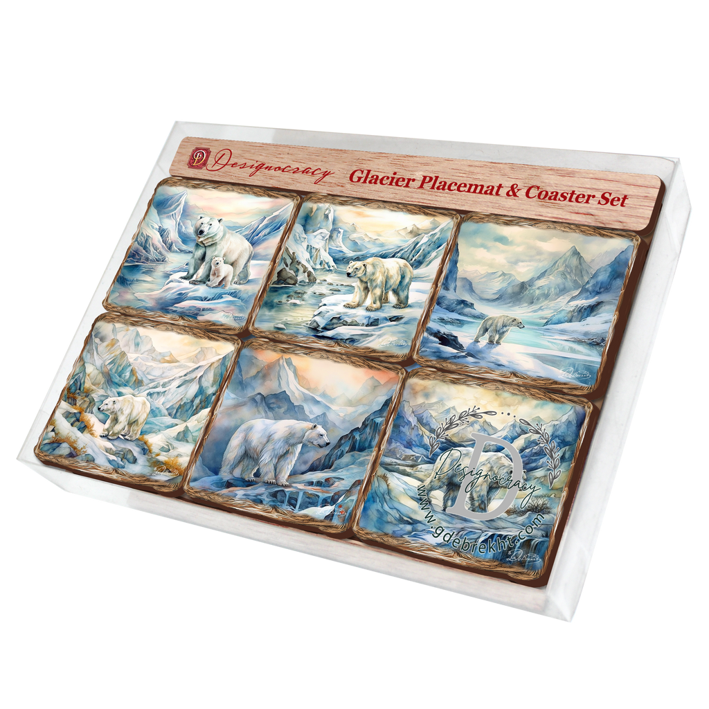 Polar Bear Wooden Cork Placemat and Coasters Gift Set of 7 by Nature Wonders Nature Wildlife Decor - 85404C-S7